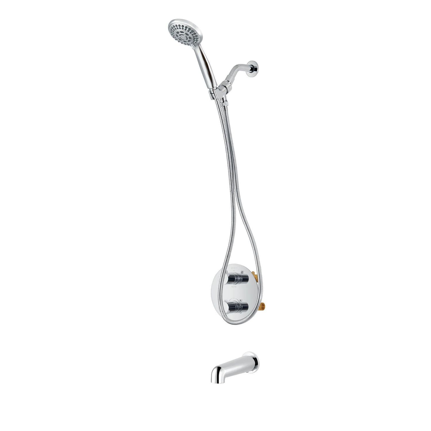 Round thermostatic valve 4-way diverter with 5 settings hand shower, Slip-on 1/2-in. spout or simultaneously and with stop