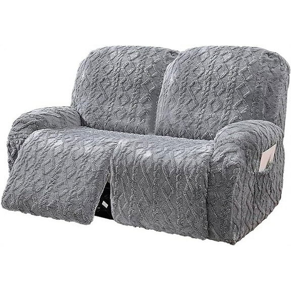 NAMZI 6 Pieces Geometric Jacquard Plush Recliner Loveseat Slipcovers Soft Fuzzy Fluffy Sofa Couch Cover Anti-Slip Furniture Protector with Elastic Bottom for Kids Cats Dogs(Grey,2 Seat)