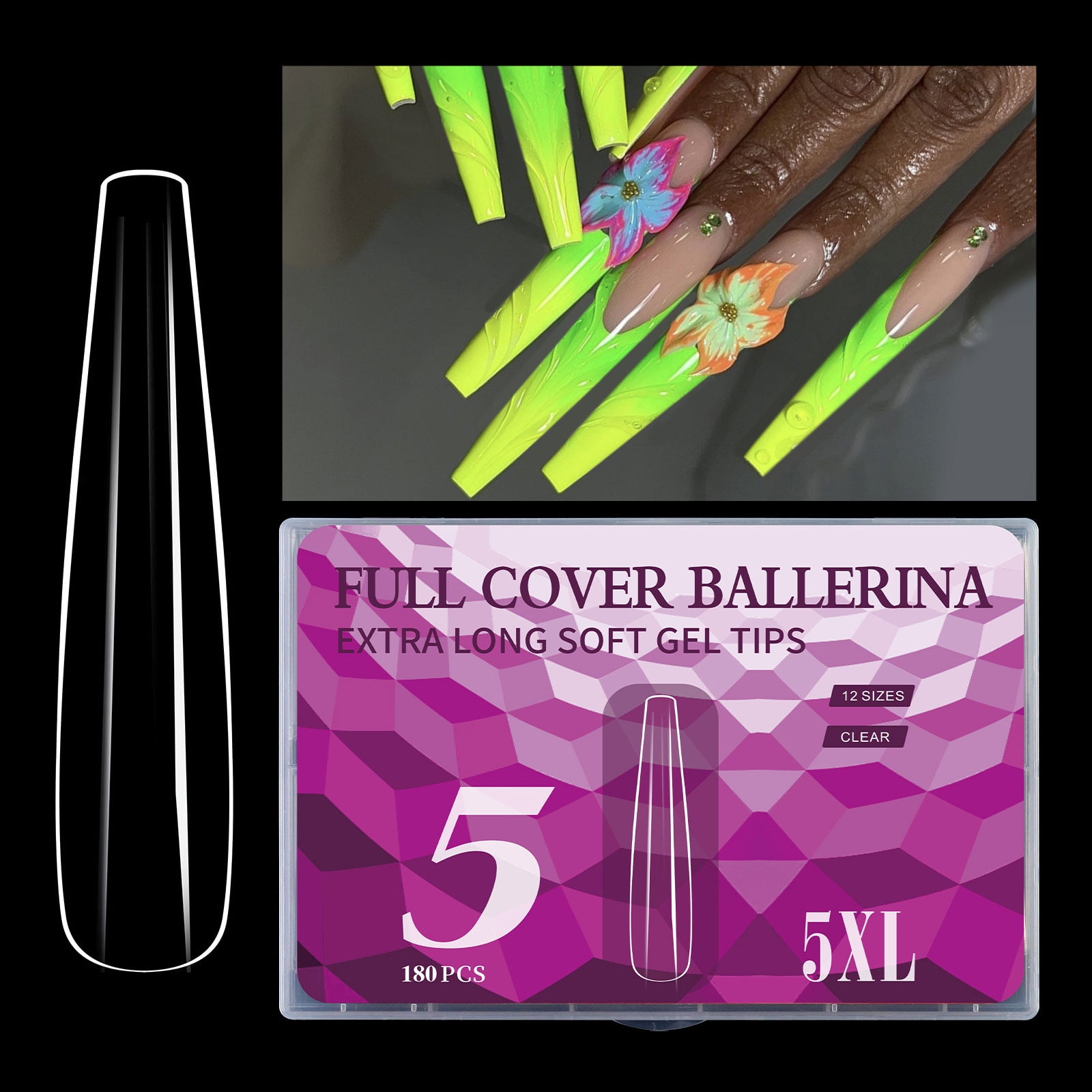 180pcs Extra Super Long 5XL Transparent Nails Tips for Salon Quality French Nails Art Wedding Party Nails Decorations