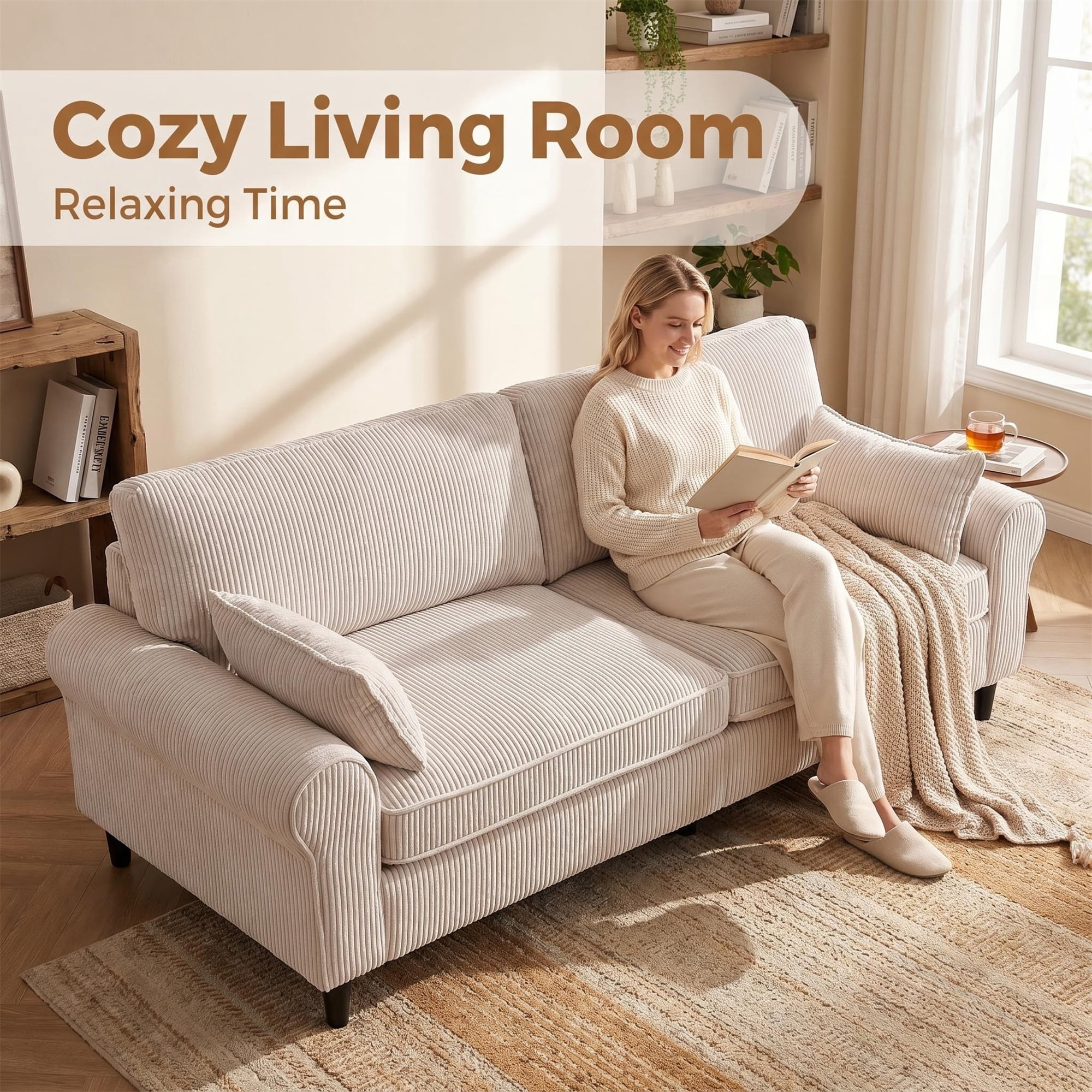 Aukfa 81" Roll Arm Sofa 3 Seat Deep Seat Upholstered Couch for Living Room Bedroom, 2 Pillows, Corduroy, White