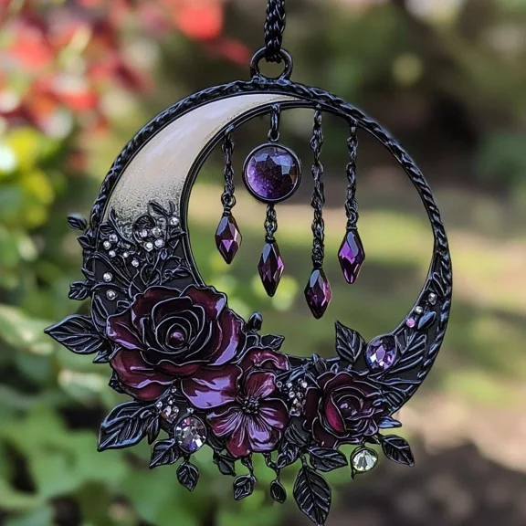 Gothic Crescent Moon Acrylic Suncatcher Purple Rose Window Hanging Gift