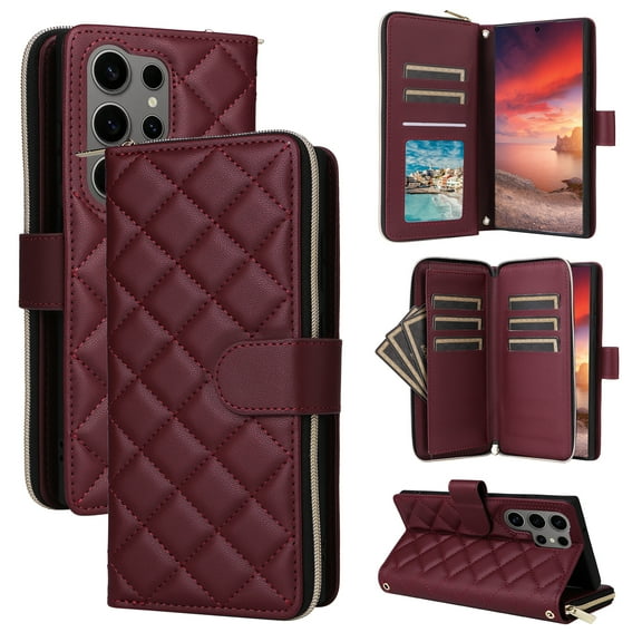 for Samsung Galaxy S25 Ultra Wallet Case, Multi-Functional Zipper Purse Case, with Flip Stand Card Holder PU Leather Phone Cover with Lanyard & Wrist Strap for Samsung Galaxy S25 Ultra, Winered