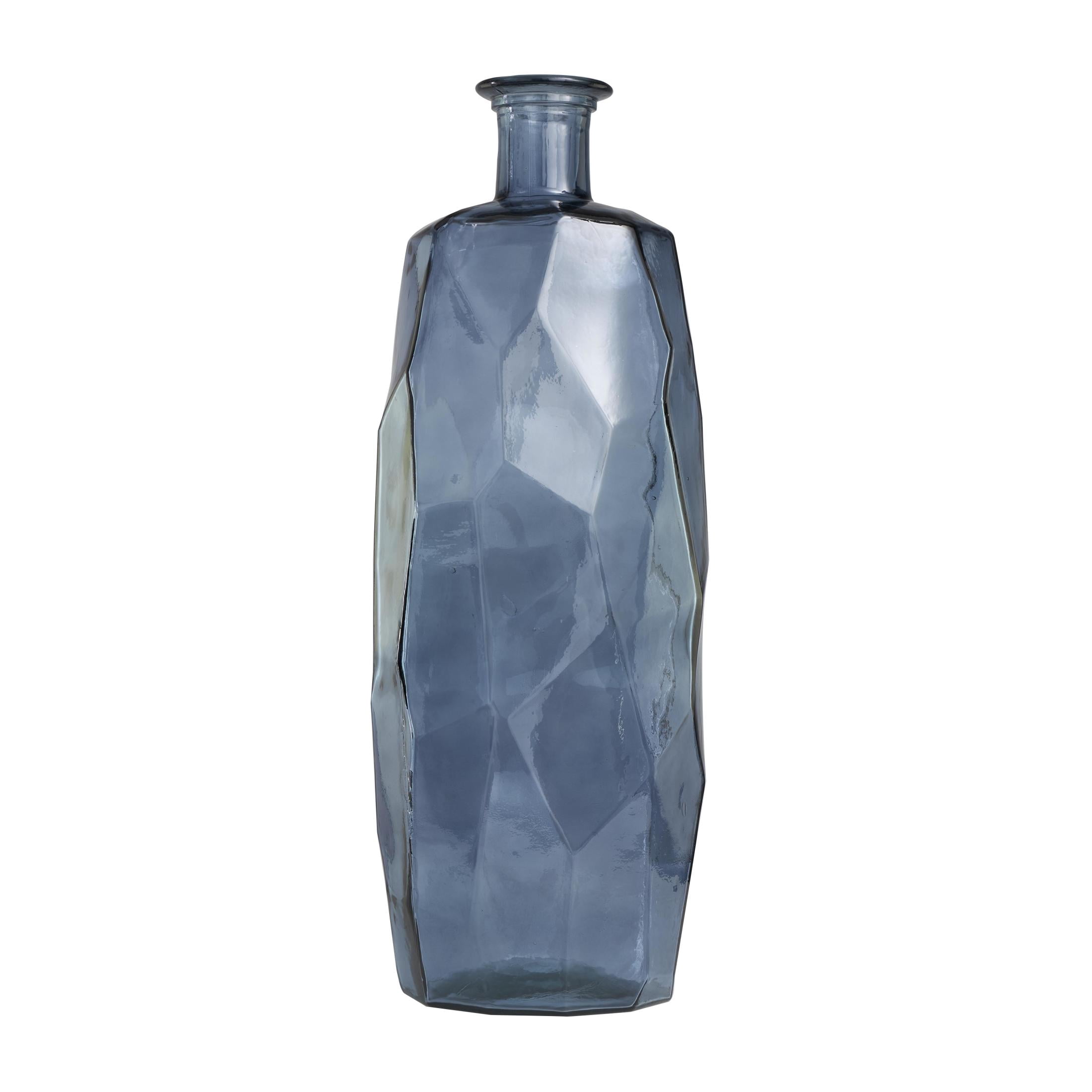 DecMode 29" Handmade Tall Spanish Bottle Neck Faceted Blue Recycled Glass Vase