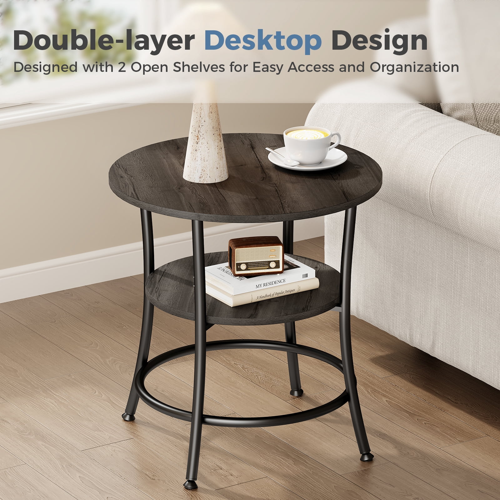 CONCETTA 2-Tier Small Round Side Table, Bedside Nightstand with Sturdy 70lbs Top Capacity, End Table for Living Room, Bed Room & Small Spaces,Gray