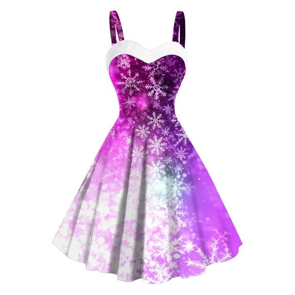 Xmas Snowflake Print Dresses for Women Vintage Retro 1950s Midi Dress Sleeveless Spaghetti Strap A-Line Holiday Party Dresses