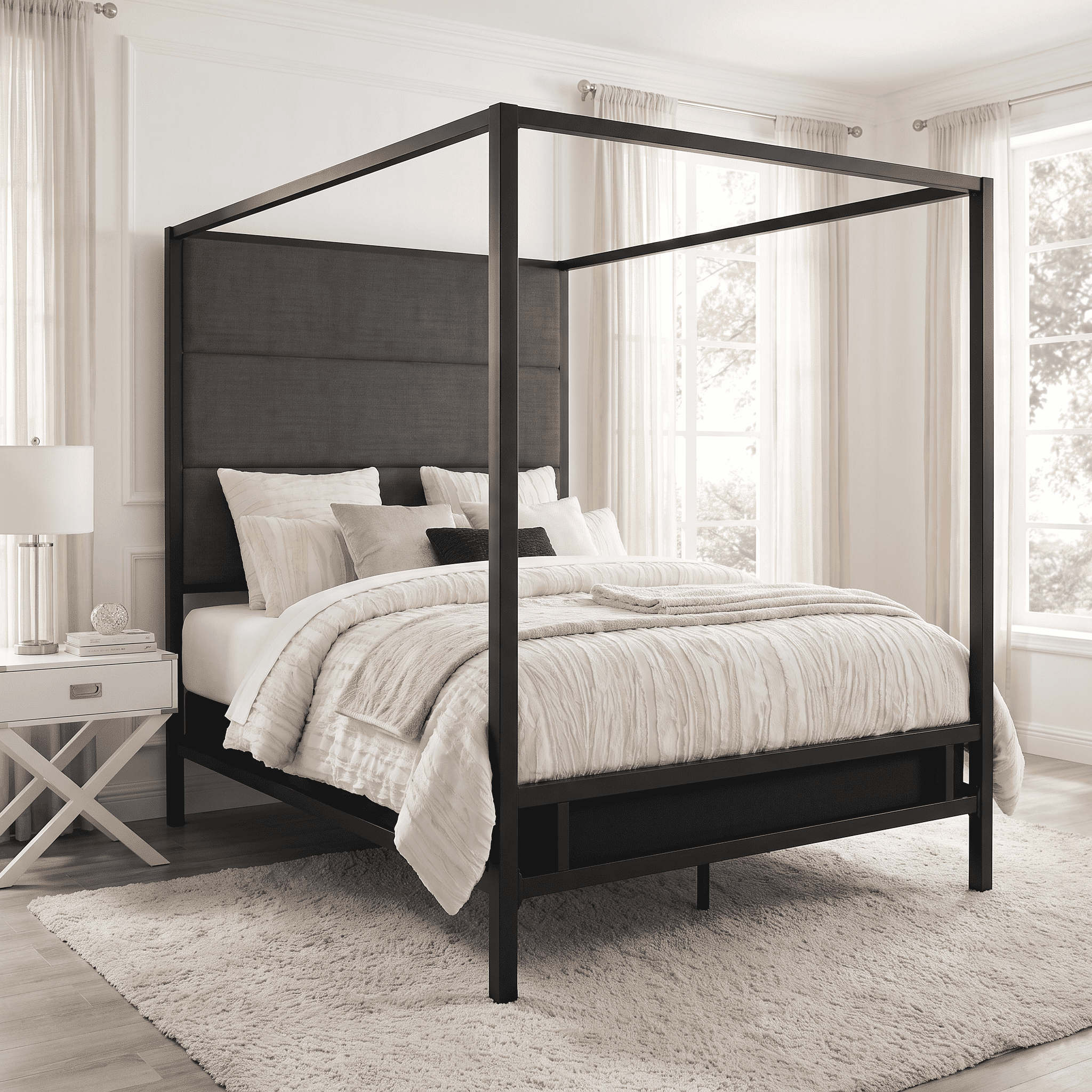 Euroco Metal King Size Canopy Bed with Linen Fabric Upholstered Headboard, 4-Poster Platform Bed, No Box Spring Needed, Black