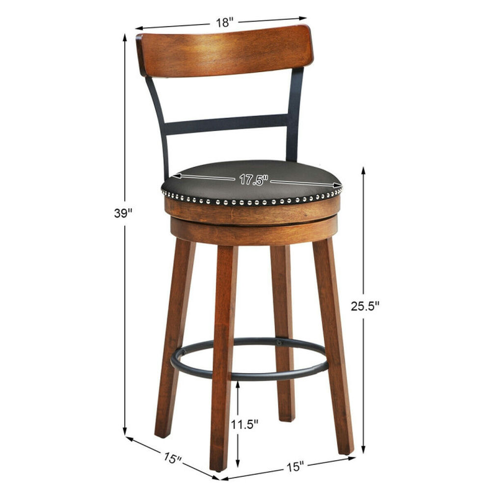 Demi Bonn 25.5" 360-Degree Bar Swivel Stools with Leather Padded, Wood Dining Chair with Backrests, Brown