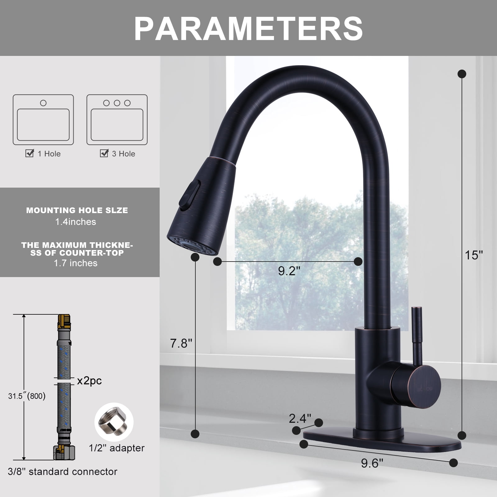 Wowow Kitchen Pull Down Lever Single Handle Kitchen Faucet with Deckplate, Oil Rubbed Bronze