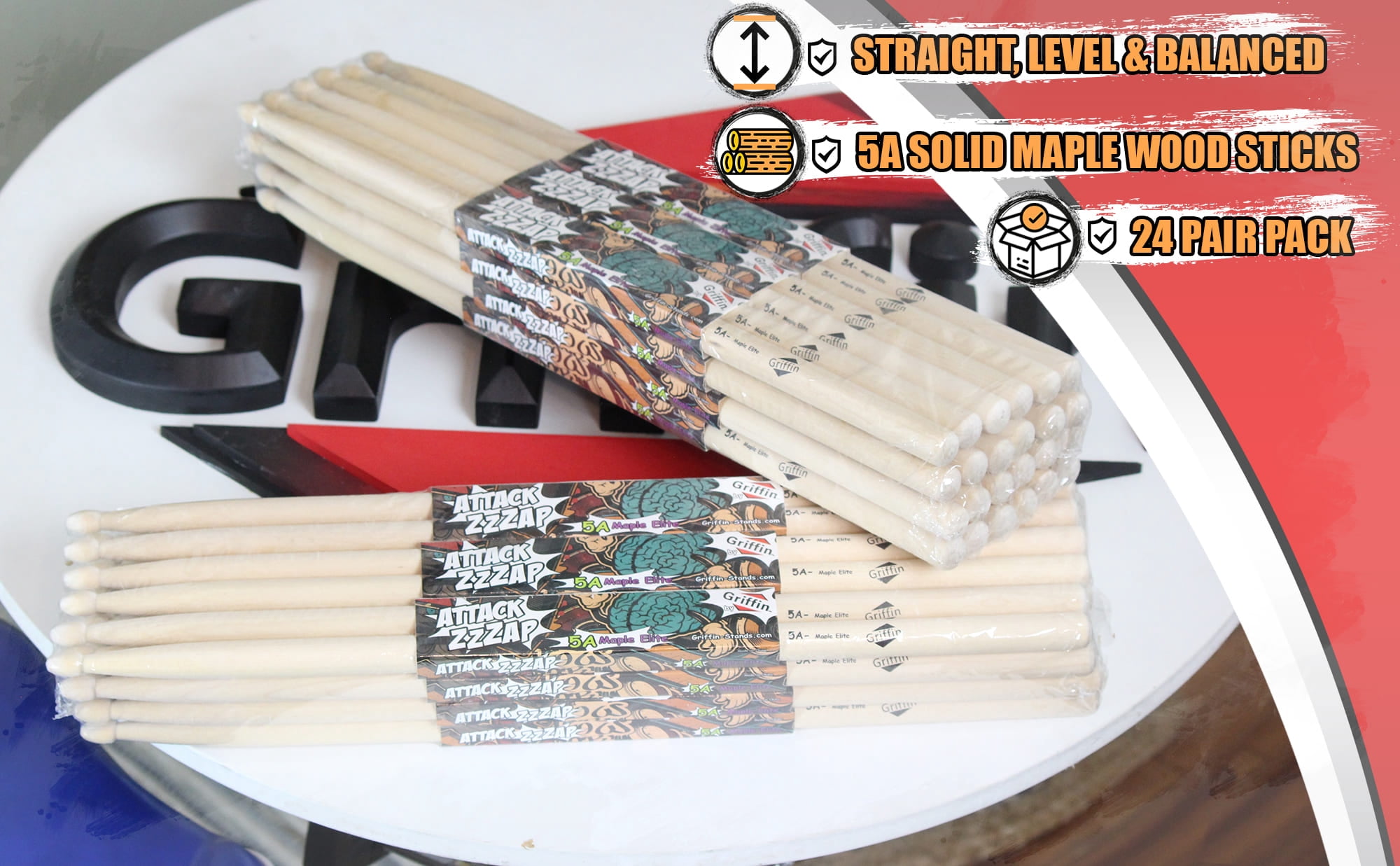 Griffin Attack Zzzap Drum Sticks - 24 Pairs of Select Elite Maple Wood Size 5A - Drummers Percussion Classic Pure Grit Uncoated, Raw Wood Drumming Sticks - Balanced, Level and Straight