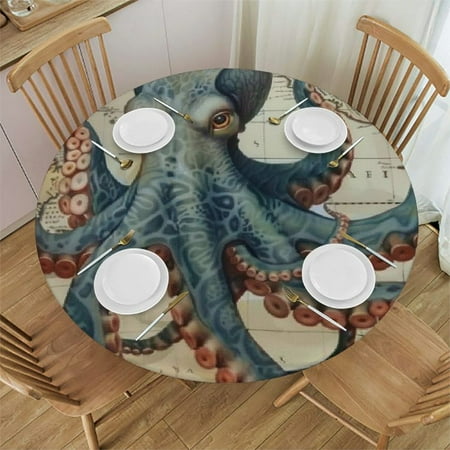 

Autua Octopus Map Surrealism Round Table Cover Stain Resistant Washable Perfect for Indoor Outdoor Kitchen Dining Wedding Parties 100％ Polyester Tablecloth with Elastic Edge 31 -35