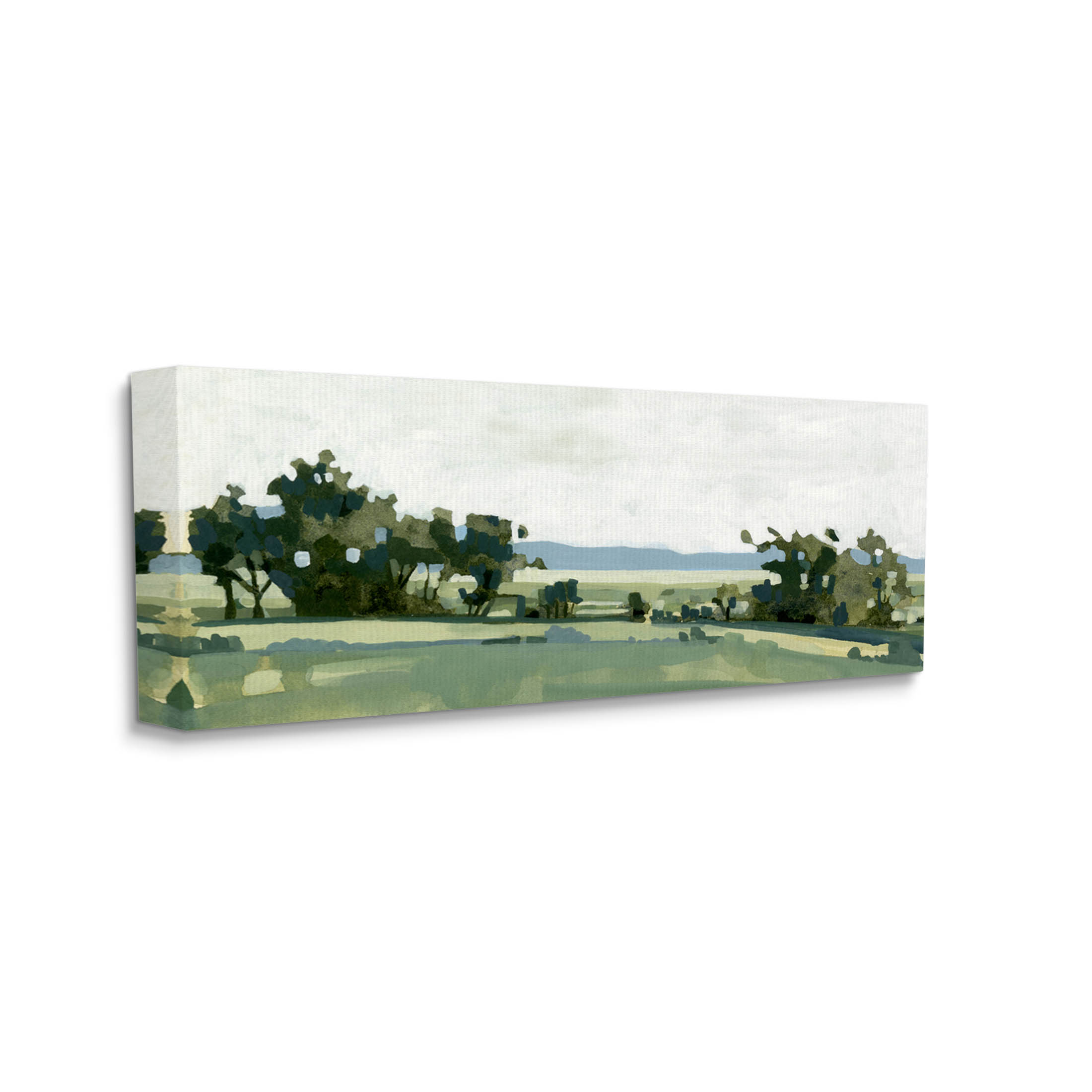 Modern Rural Grassland Bushes Landscape Painting Gallery Wrapped Canvas Print Wall Art