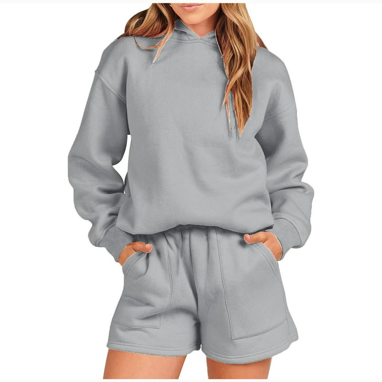 Sksloeg Womens Two Piece Outfits Hoodie Lounge Sets Outfits Long Sleeve  Sweatshirt and Short Sweatpants Sweatsuit,Gray 2XL 