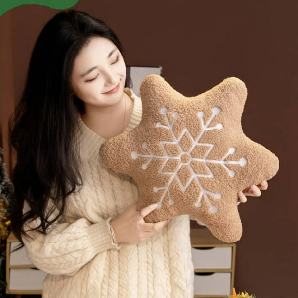 Cojín de copo de nieve para escritorio | Decoración navideña de felpa suave para cafetería | Cojín marrón de 35 x 35 cm para sofá cama