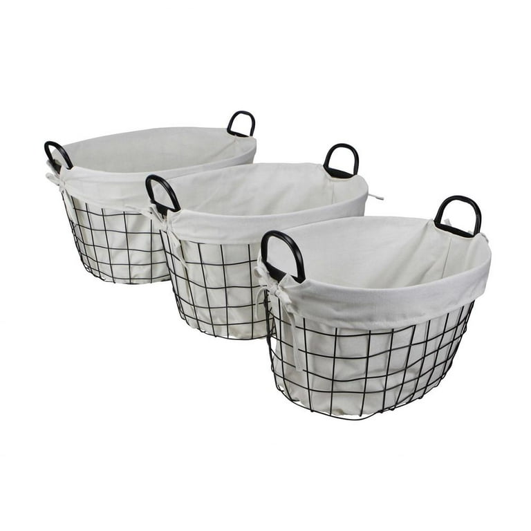 Set Of 3 Oval White Lined And Metal Wire Baskets With Handles Set Of 3 Oval White Lined And Metal Wire Baskets With Handles