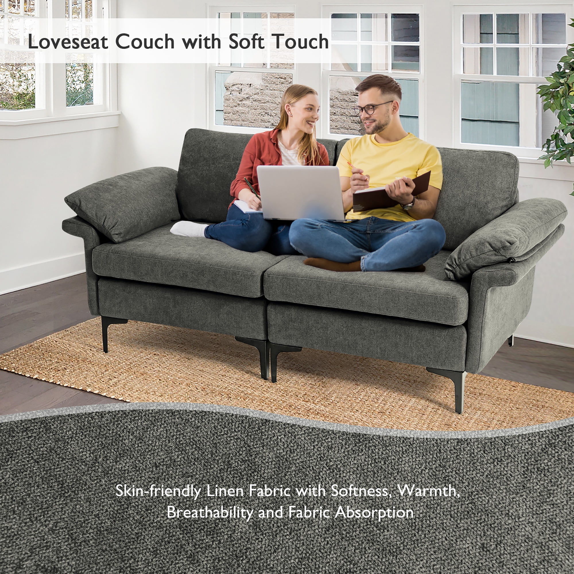 Costway Modern Loveseat Fabric 2-Seat Sofa Couch for Small Space with Metal Legs Grey