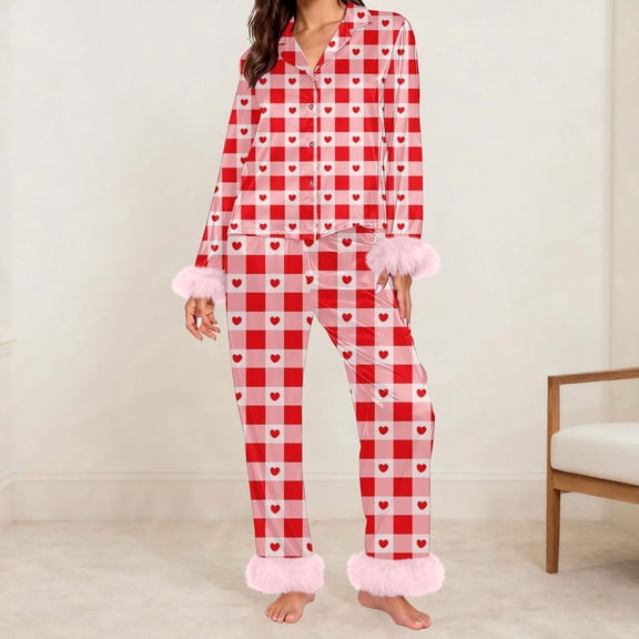 BILIKEYU Valentine's Day Heart Lace Pajamas for Women Plush Cozy