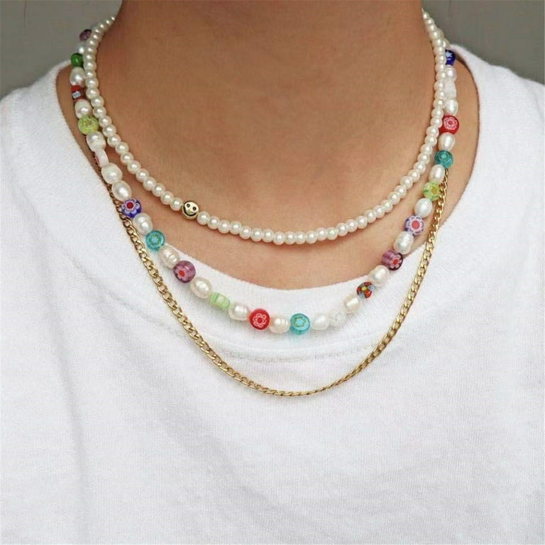 Younar Y2K Daisy Beads Necklace Rainbow Floral Pearl Glass Beaded