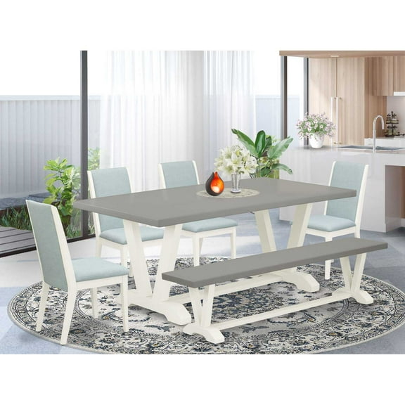 East West Furniture V097LA015-6 6-Piece Amazing Dining Table Set an Outstanding Cement Color Wood Table Top and Cement Color Wooden Bench Indoor and 4 Beautiful Linen Fabric Kitchen Chairs with...