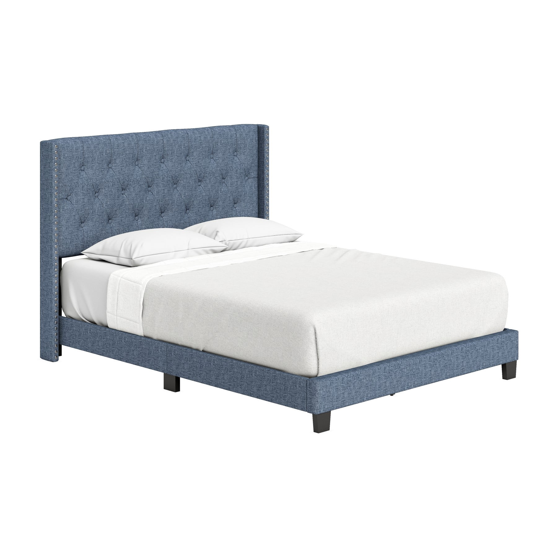 Boyd Sleep Mia Blue Linen King Size Fully Upholstered Platform Bed Frame with Tufted Headboard