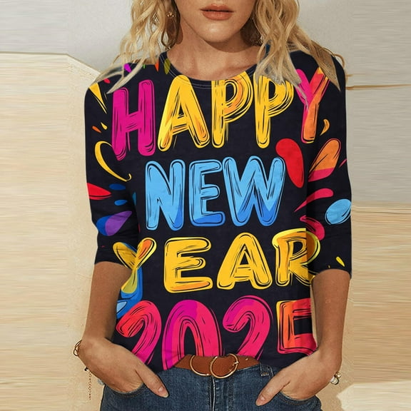xixinqiwan Women Tops Happy New Year T Shirts,Women's Fashion New Year Long Sleeve V-Neck Top 2025 Printed Holidays T-shirts