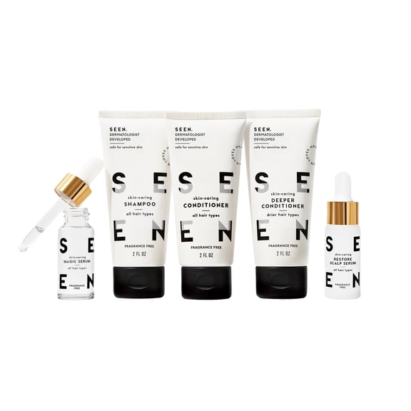 SEEN Discovery Kit - Fragrance Free - Non-Comedogenic Hair Set- Dermatologist-Developed - Safe for Sensitive, Eczema & Acne Prone Skin - 3-2 fl oz & 2-0.5 fl oz