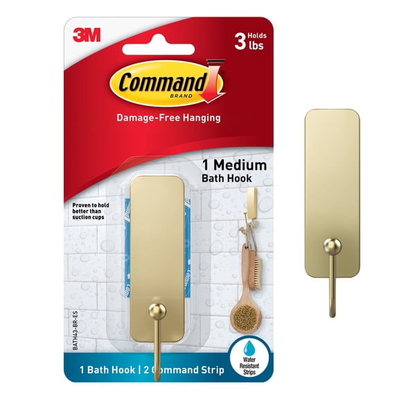 Command Bath Medium Satin Brass Finish, 1 Hook