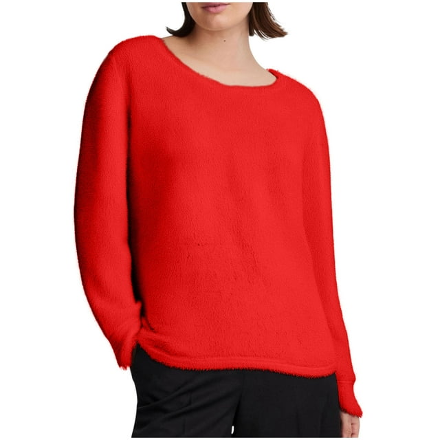 Plus Size Fuzzy Sweater Womens Winter Fluffy Pullover Jumper Sweaters Cute Loose Crewneck Fall Warm Tops Red, XL