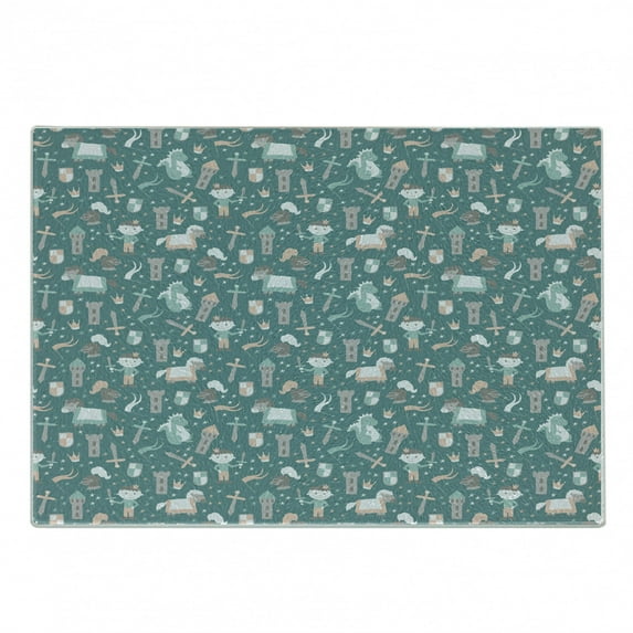 Fantasy Cutting Board, Pattern with Castle Flag Shield Horse and Little Prince on Blue Backdrop, Decorative Tempered Glass Cutting and Serving Board, Small Size, Teal Peach and Grey, by Ambesonne