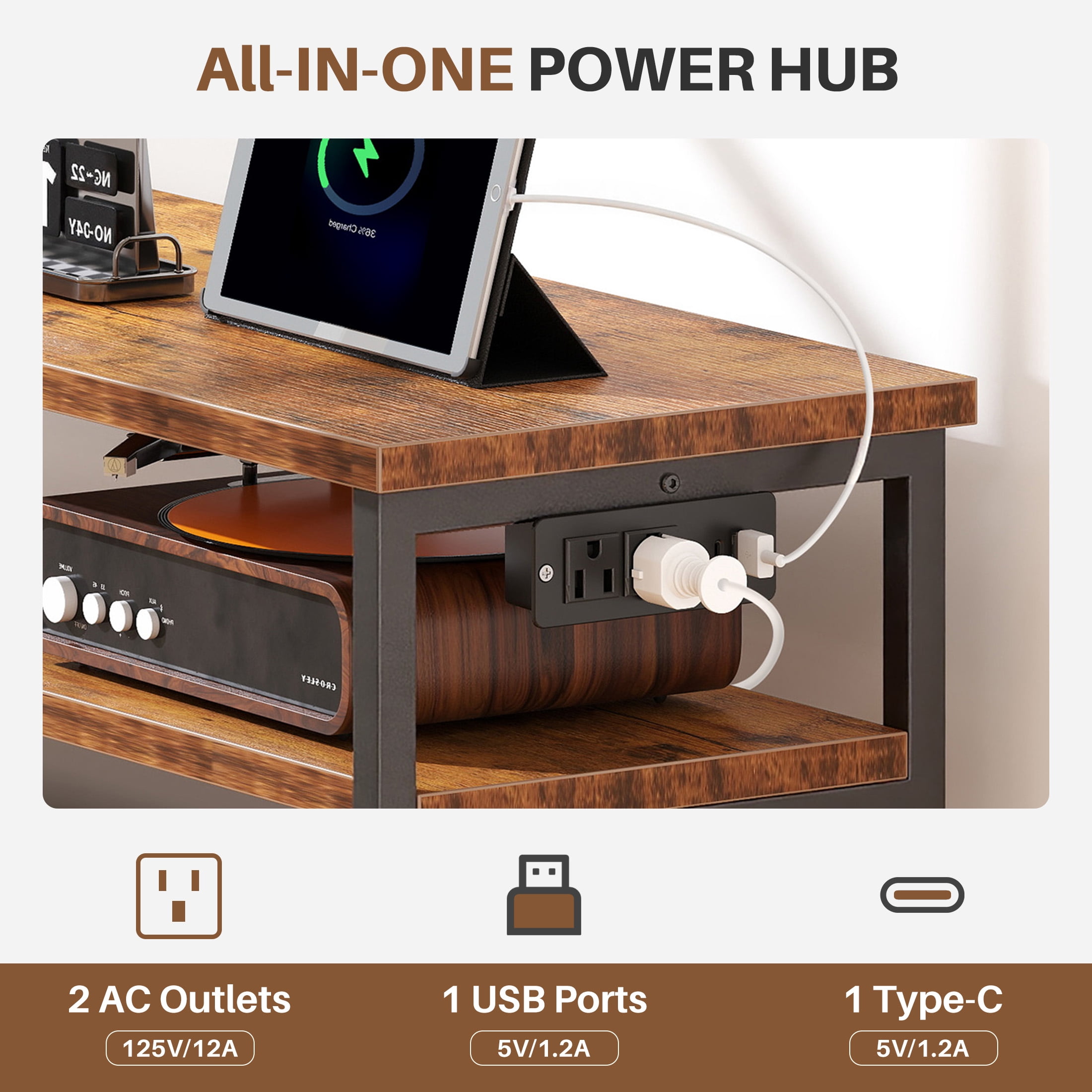 EDX 6-Drawer Fabric Dresser with Power Outlets and LED Light, TV stand for Bedroom, Living Room, Hallway, Rust