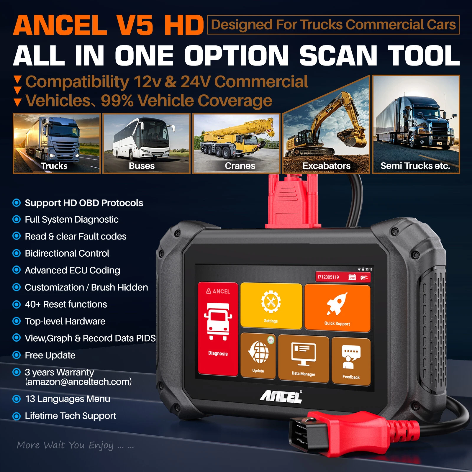 ANCEL V5 HD Heavy Duty Truck Scanner Bidirectional Diesel Truck Scan Tool with 40+ Resets , Full System Truck Diagnostic Tool Truck Code Reader, ECU C0ding,  D.P.F Regen,