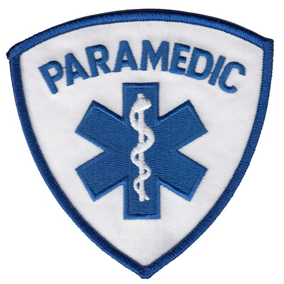 Hero’s Pride PARAMEDIC Shoulder Patch, Blue on White, Embroidered, 3-9/16" x 3-9/16", Hook Backing