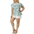 thumbnail image 2 of Agnes Orinda Women's Plus Size Tops Floral Print Round Neck Lace Flared Short Sleeve Keyhole Back Blouse 1X Lake Blue, 2 of 8