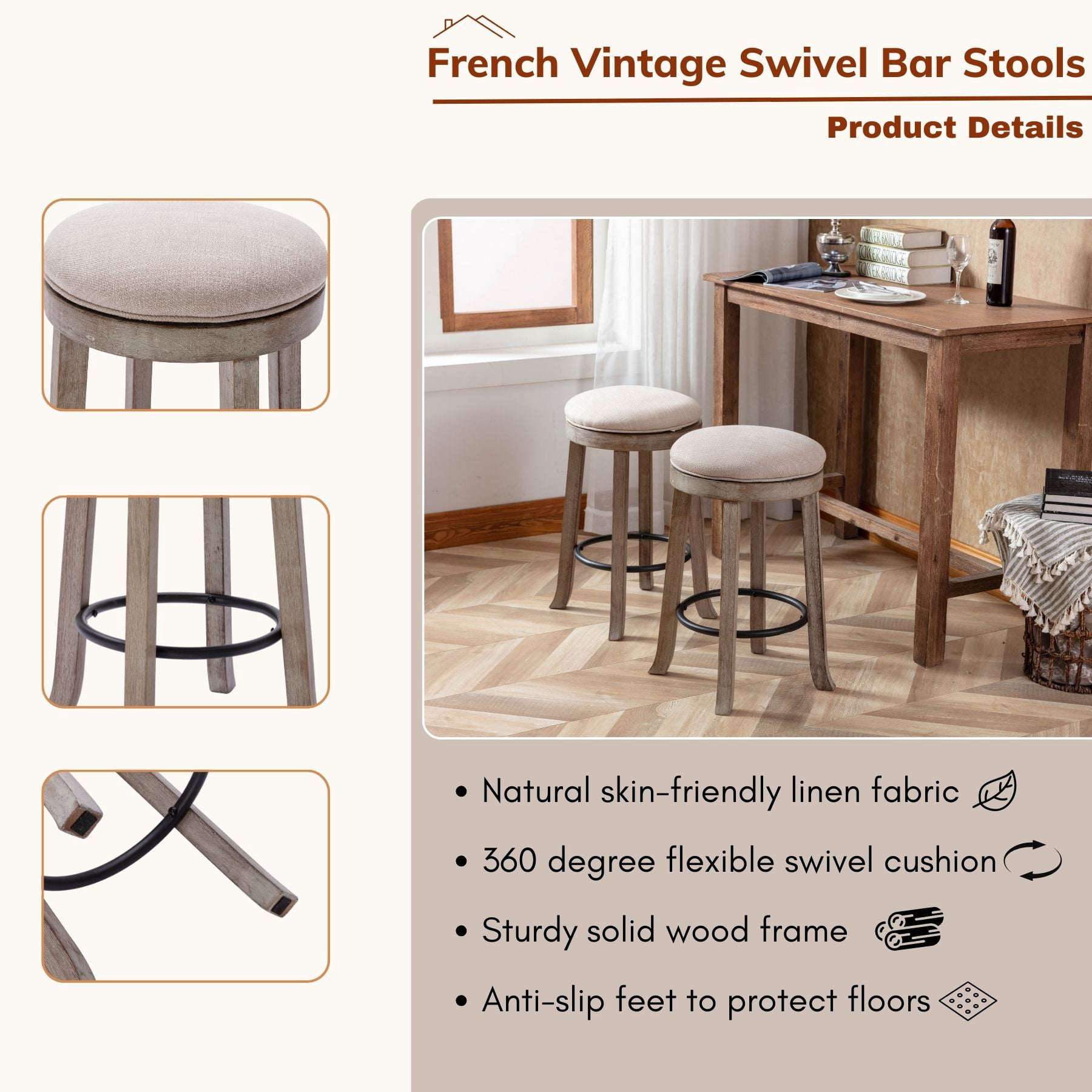 Dayalane Farmhouse 360° Swivel Bar Stools Set of 4, 25.6" Counter Height Round Linen Barstools with Wood Legs and Footrest, Backless Kitchen Island Chairs for Dining Room, Pub, Coffee Bar,Beige