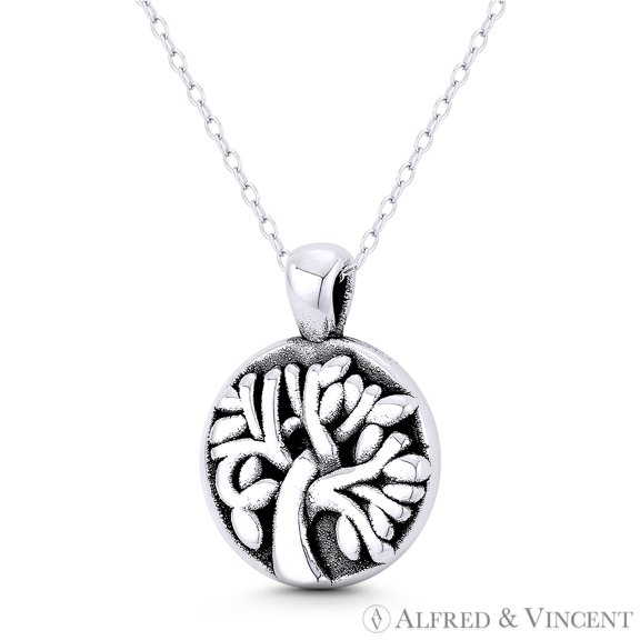 Tree-of-Life / Knowledge Etz Chaim 25x18mm (1x0.7in) Pendant & Chain Necklace in Oxidized .925 Sterling Silver