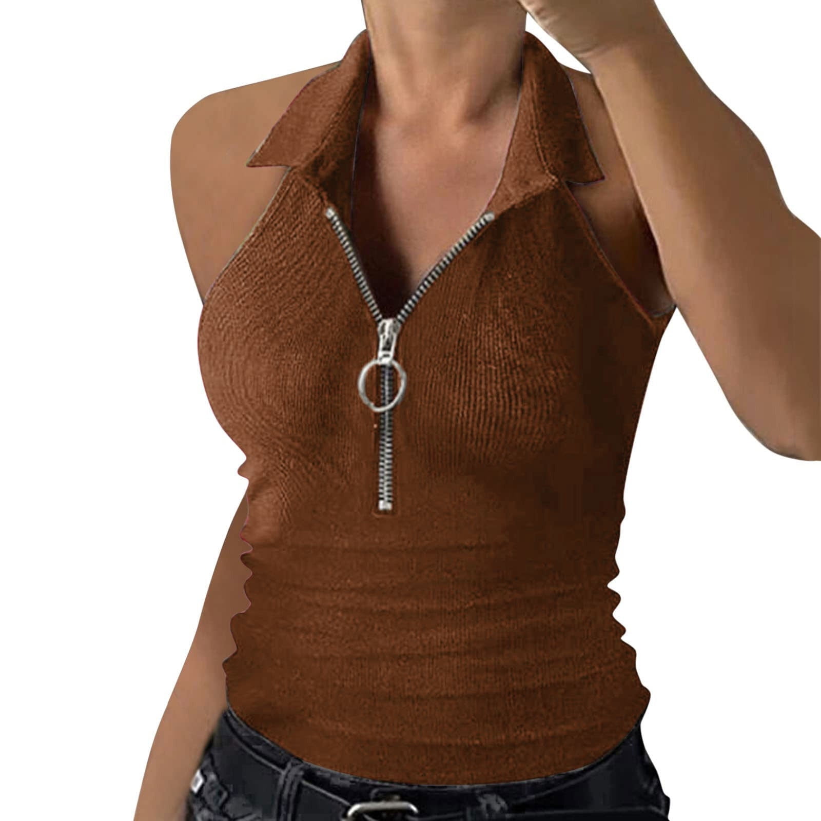 Women Lapel Collar Zipper Sleeveless Ribbed Knit Tank Top