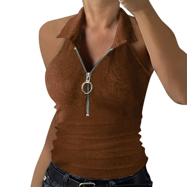 Dealovy Going out Tank Tops for Women Quarter Zipper Collared Slim Fitted Ribbed Sleeveless Crop Tees