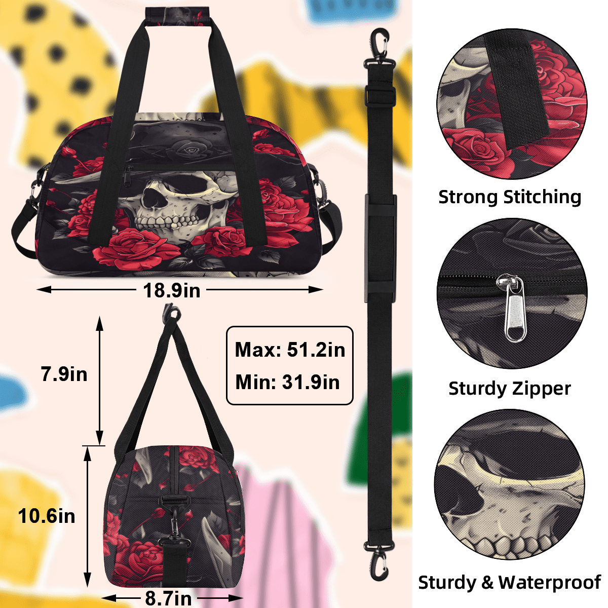 Herdesigns Skull Sports Duffle Bag for Women & Men, Floral Gothic Gym Bag Dance Bag Overnight Bag Carry On Weekender Travel Bag