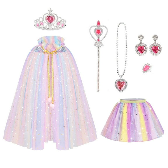 Princess Dress up for Little Girl, 7PC Sequins Tulle Princess Skirt Crown Set, Costumes Outfits