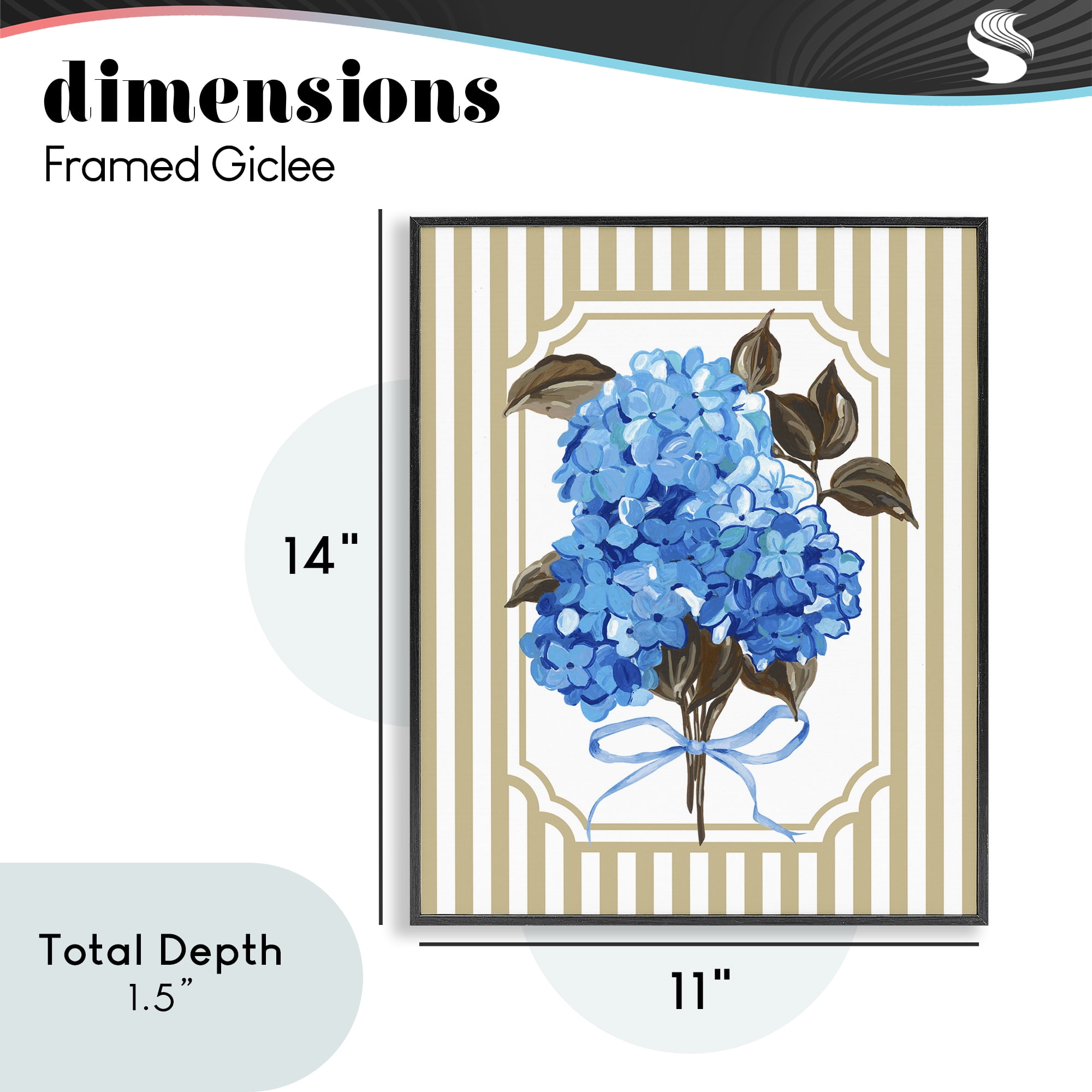 Blue Hydrangea Blossom Bow Black Framed Giclee Art, design by Adonna Ebrahimi