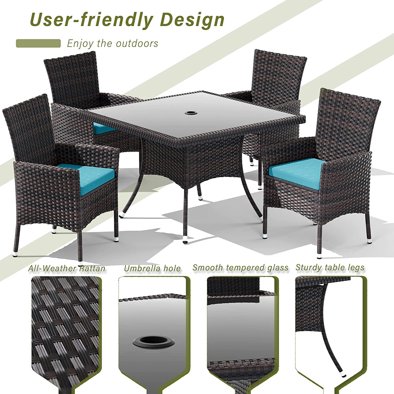 ALAULM 5 Pieces Patio Dining Set Outdoor Rattan Furniture with Square Glass Tabletop 4 Chairs with Cushions for Patio, Backyard Outdoor Kitchen Lawn & Garden Blue
