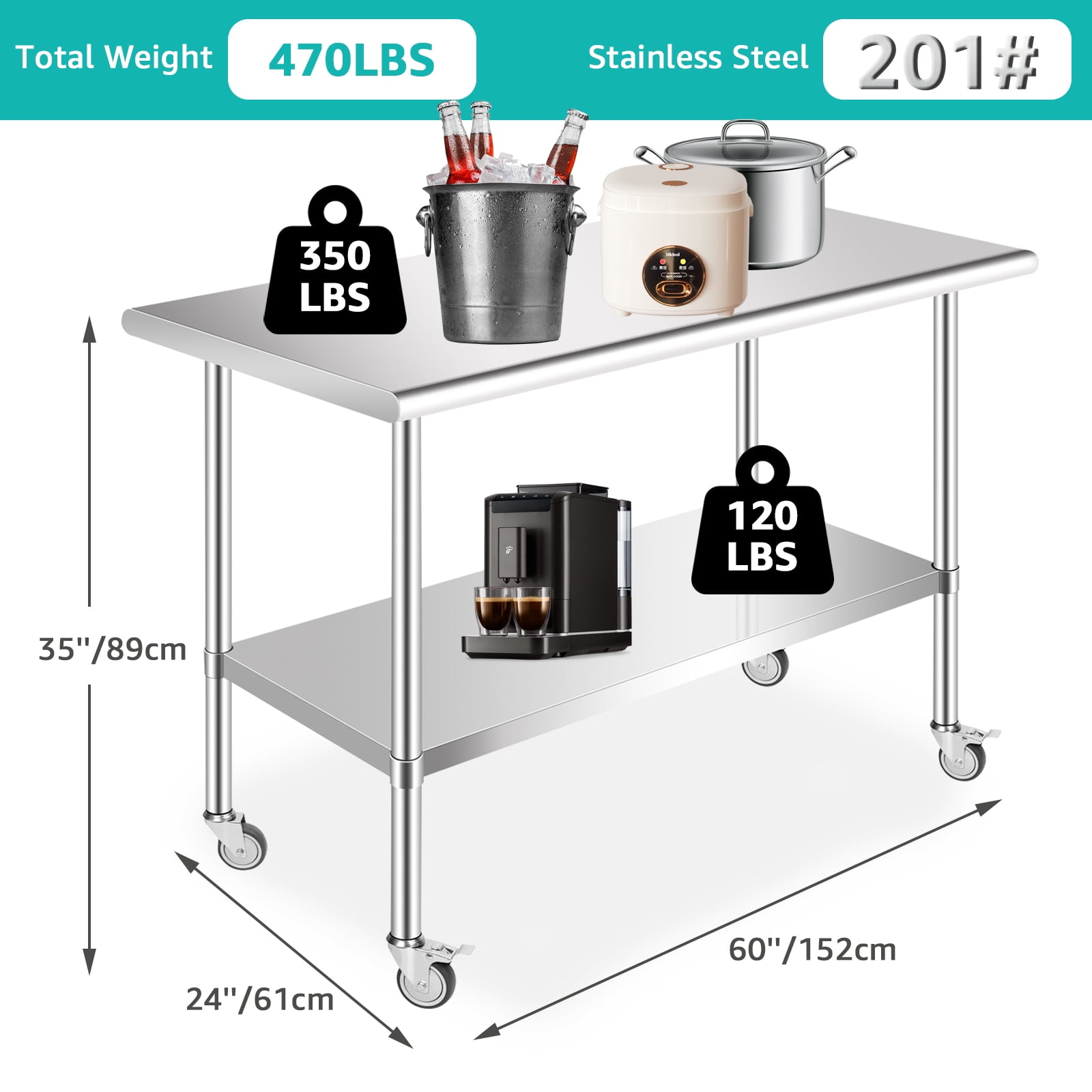 PRIJESSE Stainless Steel Work Table 60 x 30 Inch Stainless Steel Table w/ Undershelf, Casters, Commercial Kitchen Work & Prep Table