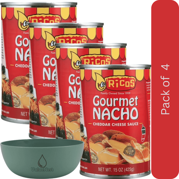 Ricos Gourmet Nacho Cheddar Cheese Sauce 15 oz Shelf-Stable Pack of 4 with Bowl by OMA