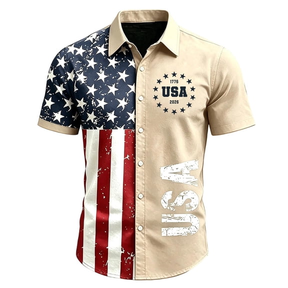 Homeyce Men's USA 250th Anniversary Hawaiian Shirt 4th Of July American Flag Printed Hawaiian Shirts Short Sleeve Button Down Patriotic Tee for Memorial Day Independence Day Hawaiian Shirt,Beige 2XL