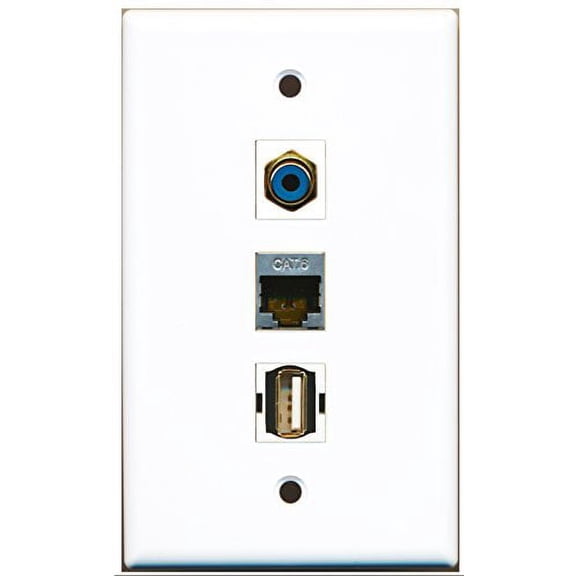 RiteAV - 1 Port RCA Blue and 1 Port USB A-A and 1 Port Shielded Cat6 Ethernet Wall Plate