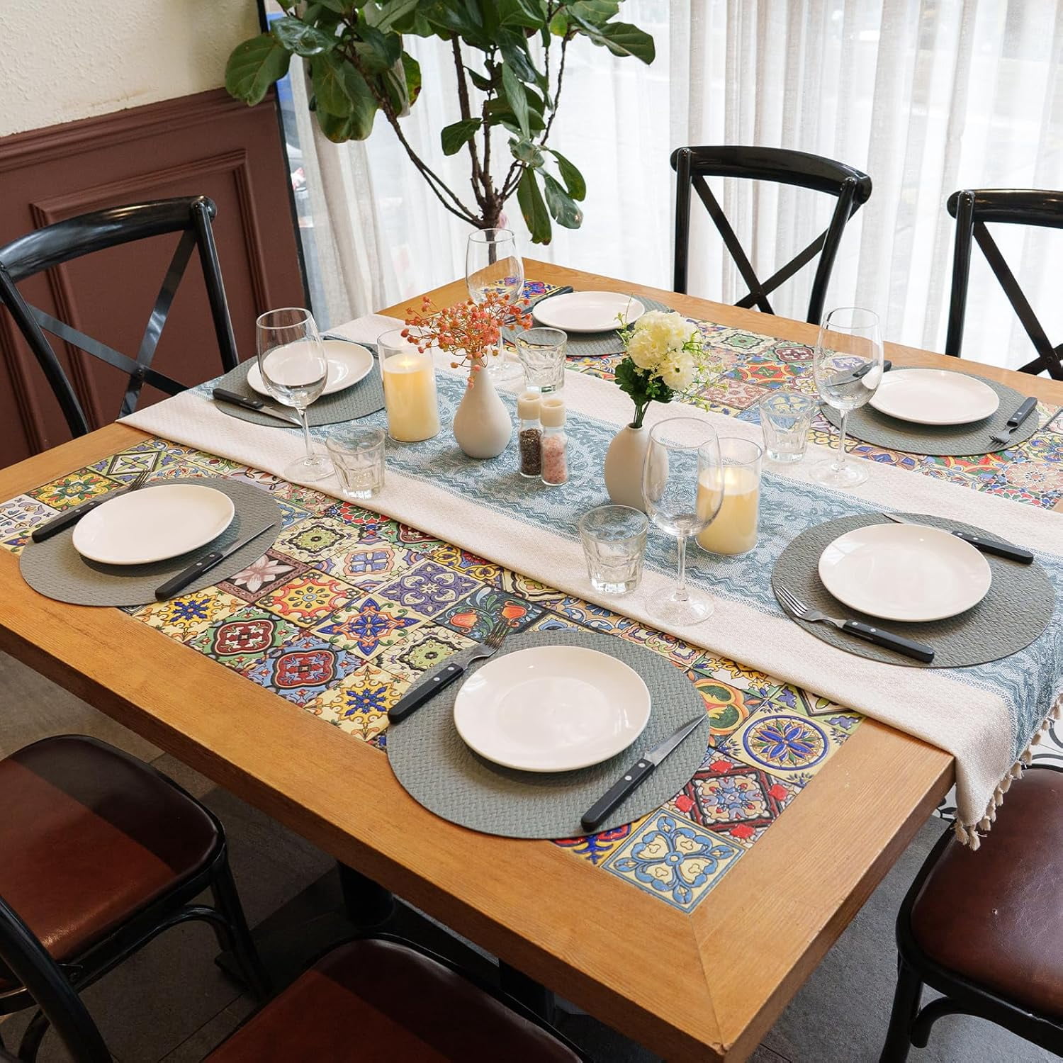 PROMATTOO Round Vinyl Woven Embossed Placemats Set of 6,Faux Leather Waterproof Dining Mat,Cloud Gray