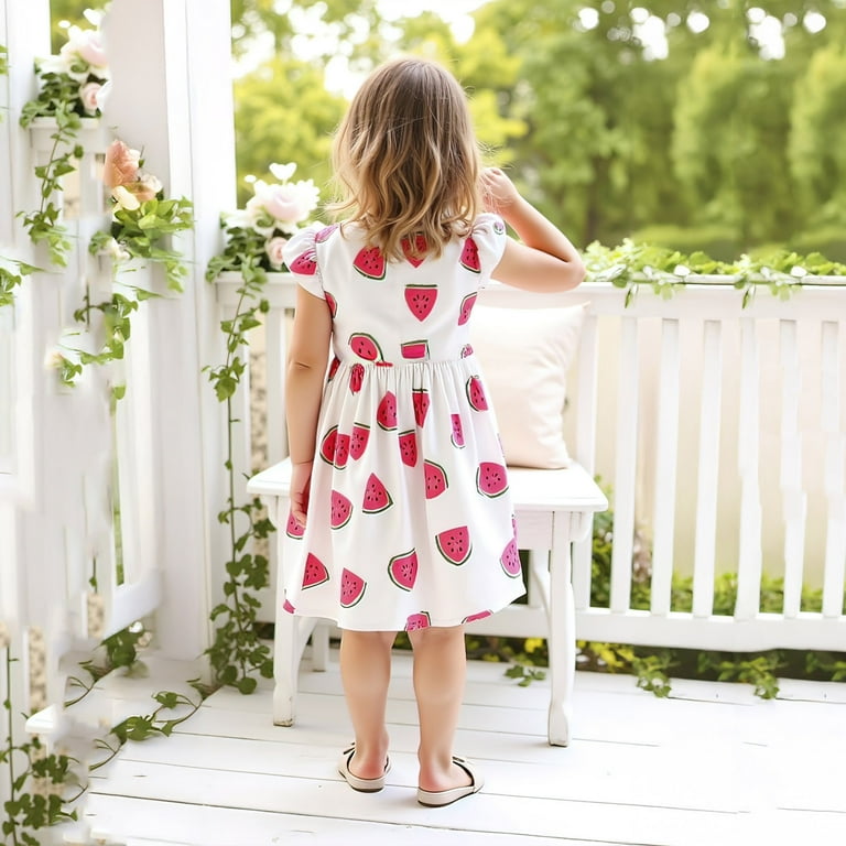 Gelikeya Girls Spring Dresses Size 5T Flutter Sleeve Cute Watermelon Prints Summer Princess Dress Fashion Cute Design Casual Dress(Toddlers, X13