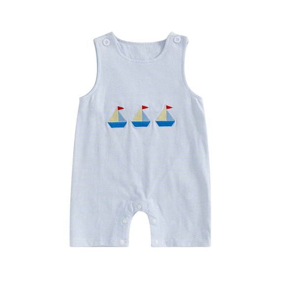 BemeyourBBs Kids Toddler Baby Boys Clothes Summer Romper Fashion Sleeveless Round Neck Sailboat Embroidery Stripes Jumpsuit Playsuit