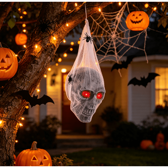 Halloween Hanging Cocoon Skull with Fake Spiders Decoration, Halloween Prop Light Up LED Red Eyes Spiderwebs, Skull in Spiderweb Cocoon for Porch Yard House Party Scene,1pc