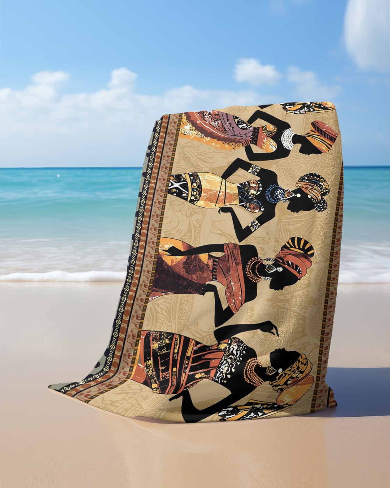 African Black Women Beach Towels Oversized Super Absorbent, Boho Ethnic Tribe Vintage Brown Lightweight Bath Towel Quick Dry Sets For Bathroom/Pool/Rv Camping/Beach Play/Gym Room/Picnic 30"x60"