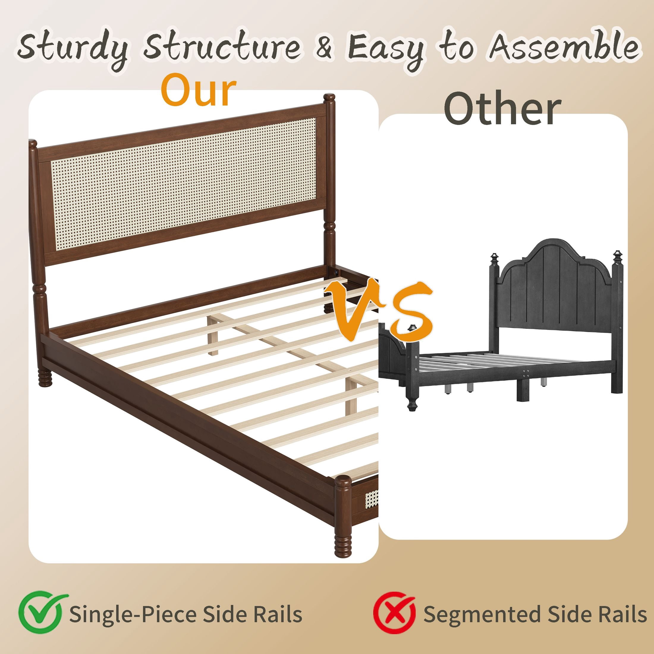 GDF Studio Annes Queen Size Boho Rattan Platform Bed Frame with Turned Legs, Woven Cane Pine Wood Bed Frame, Walnut